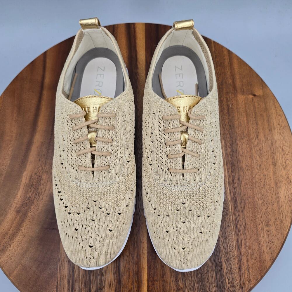 Cole Haan Zerogrand Oxfords Womens 8.5B Beige Gold Stitchlite Knit Wingtip Shoes - Picture 5 of 8